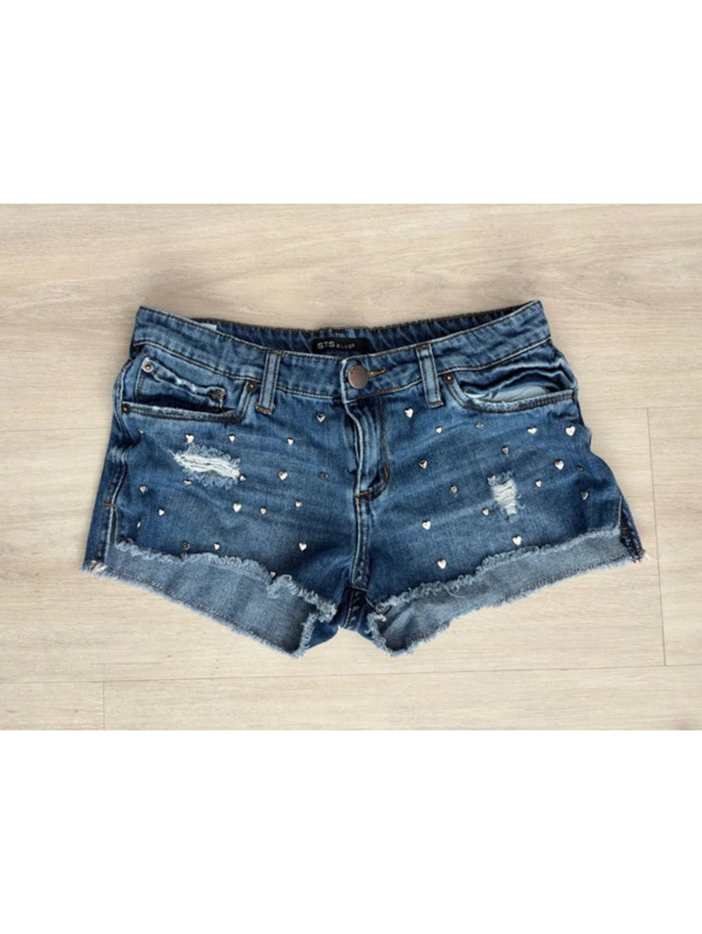 Womens 28 Studded Heart Denim Shorts Frayed Cutoff Y2K 90s Coquette Jean Shorts